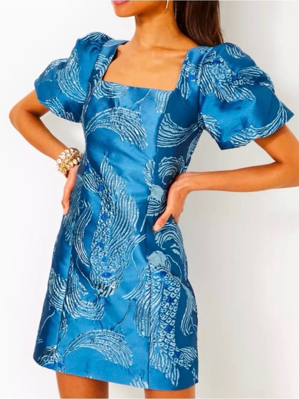 Blue Metallic Jacquard Puff Sleeve Mini Dress